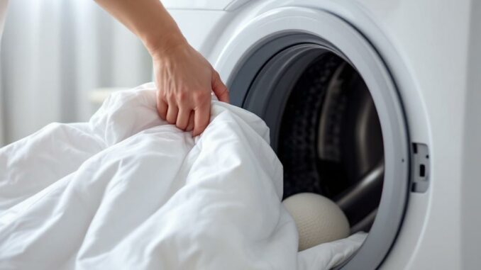 Détacher une couette à la machine avec balle de lavage et cycle délicat