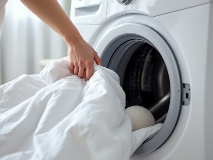 Détacher une couette à la machine avec balle de lavage et cycle délicat