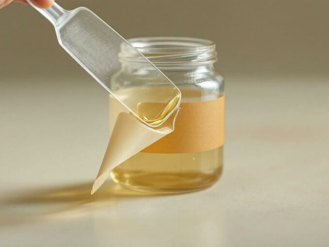 Enlever une étiquette collante sur bocal en verre avec huile végétale et raclette plastique