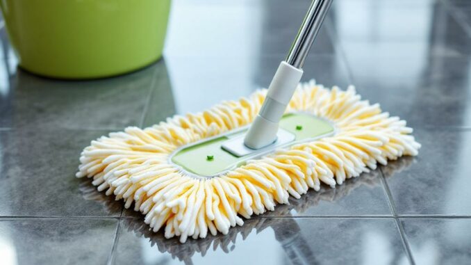 Laver un sol carrelé sans traces avec double seau et serpillière bien essorée