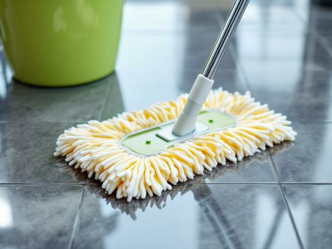 Laver un sol carrelé sans traces avec double seau et serpillière bien essorée