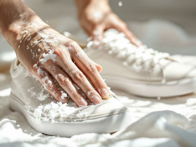 Nettoyer des baskets blanches avec savon doux brosse souple et séchage à l’ombre