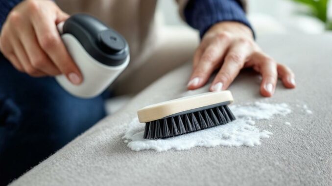Nettoyer un canapé en microfibre avec mousse sèche et brosse souple