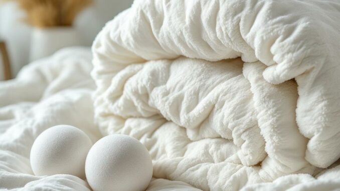 Redonner du gonflant à une couette en synthétique avec cycle délicat et balles de séchage