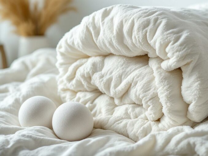 Redonner du gonflant à une couette en synthétique avec cycle délicat et balles de séchage
